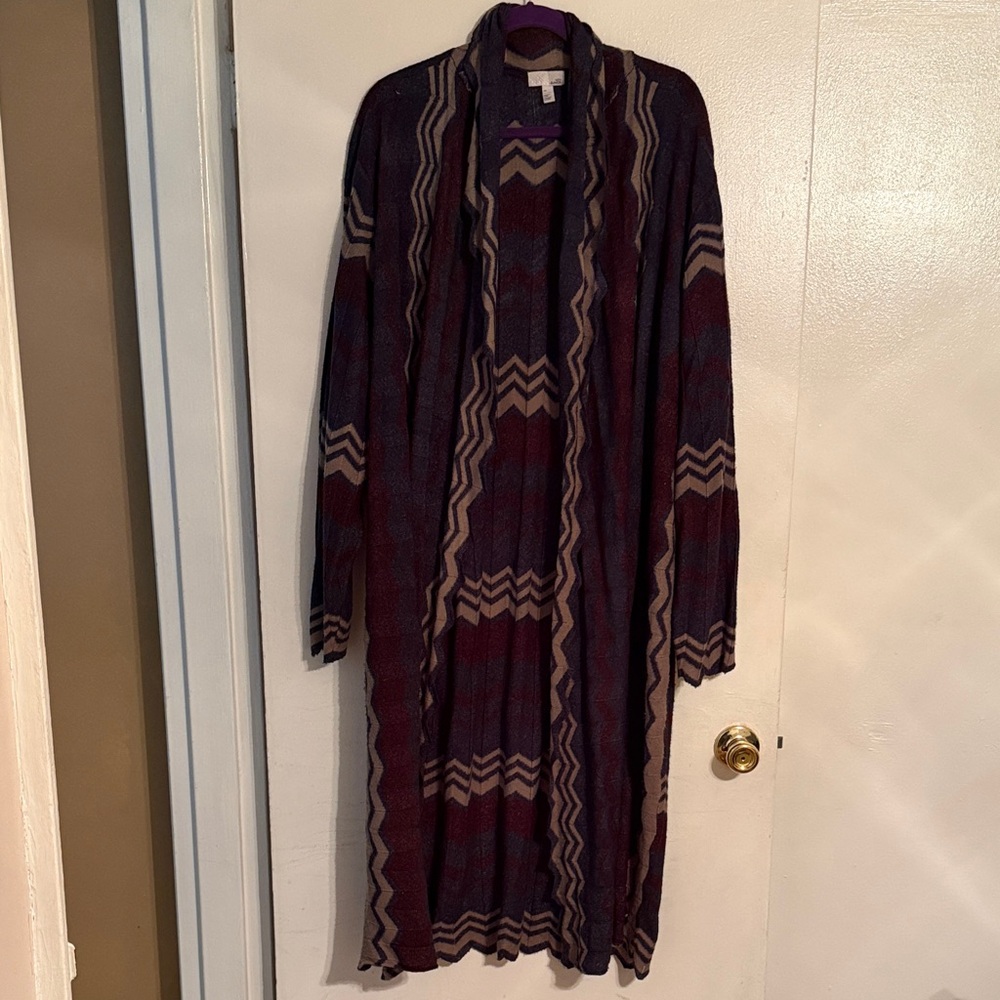 14th & Union Long Sleeve Zigzag Duster - Burgundy and Tan